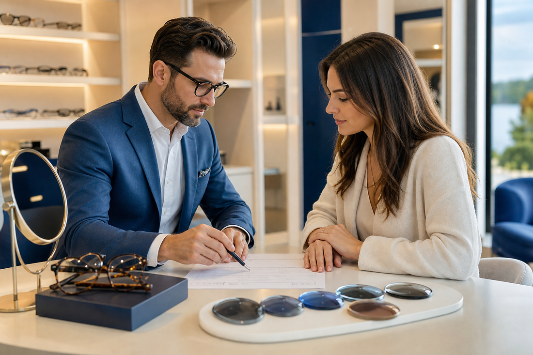 Optician reviewing an outside glasses prescription with premium frames at Spectacle Clinic in Niagara
