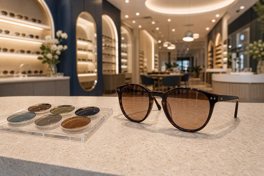 Luxury prescription sunglasses and tinted lens samples at an optical boutique in Niagara
