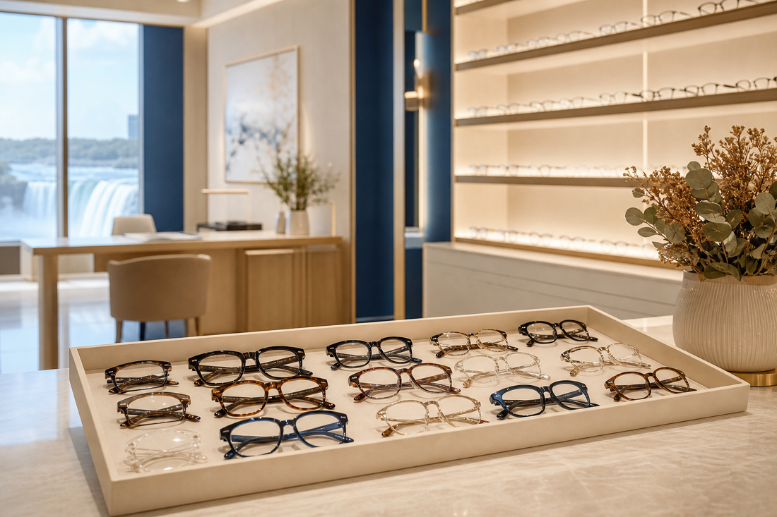 Designer glasses displayed in a premium Niagara Falls optical boutique