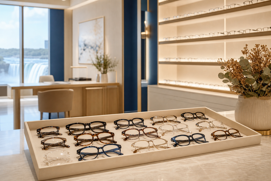 Designer glasses displayed in a premium Niagara Falls optical boutique
