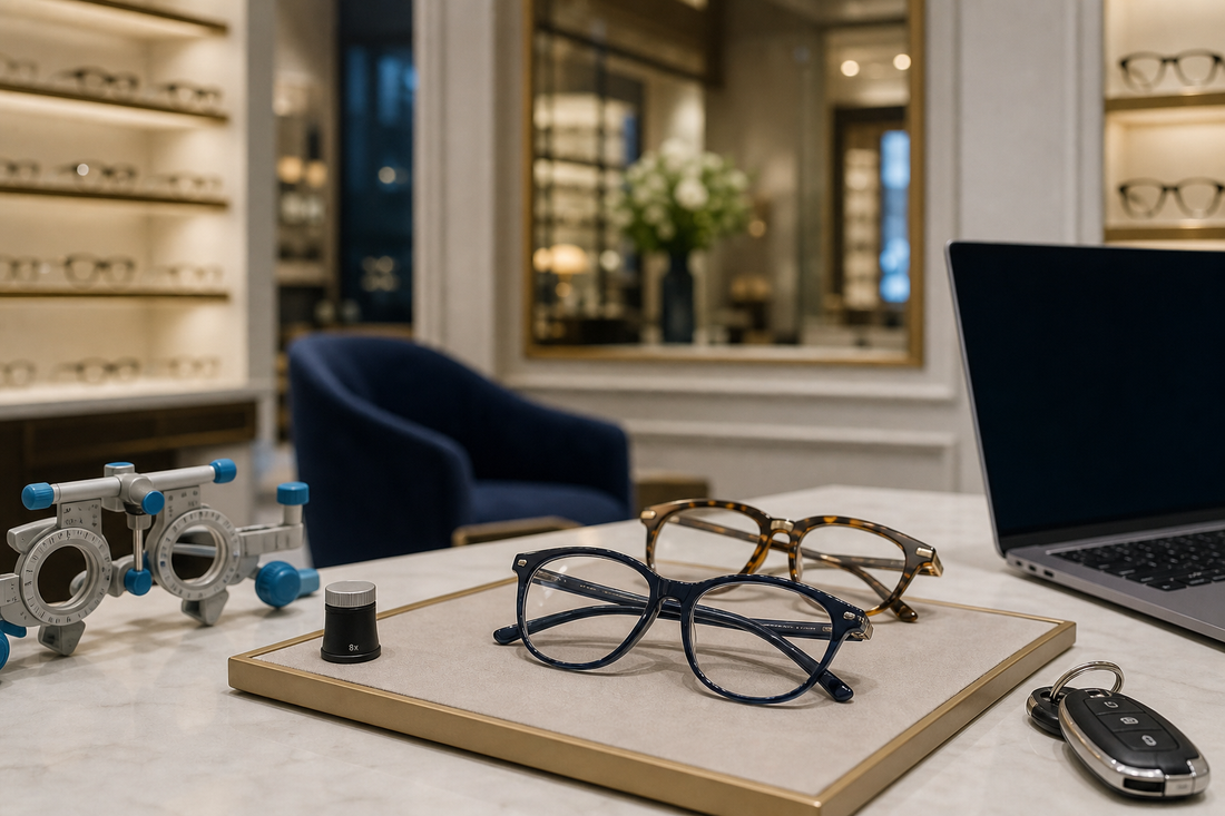 Progressive and single vision eyeglasses with lens measurement tools at a Niagara optical boutique